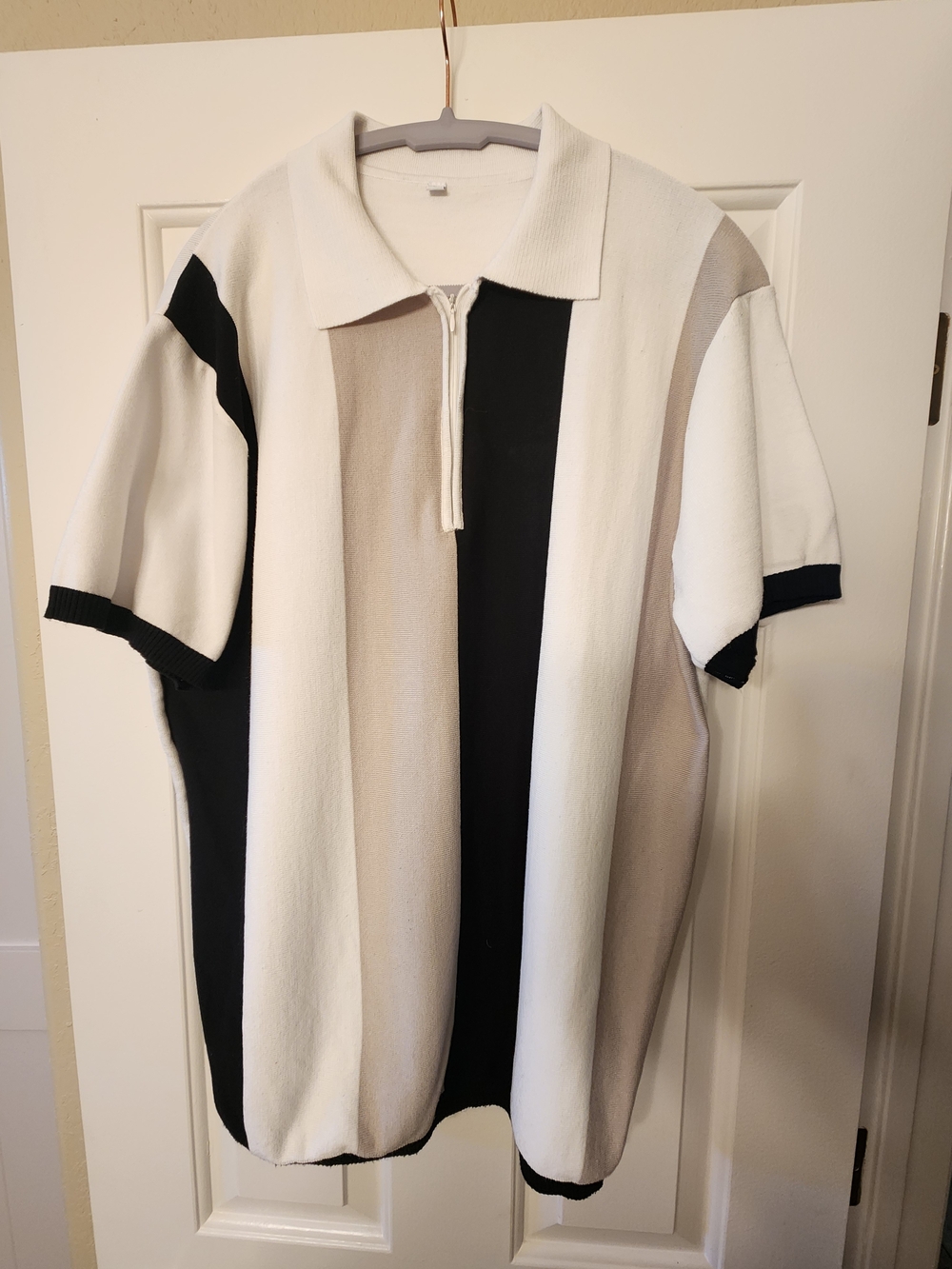 Men's Striped Zip Polo Shirt - White, Black & Beige XL Knit Cotton.